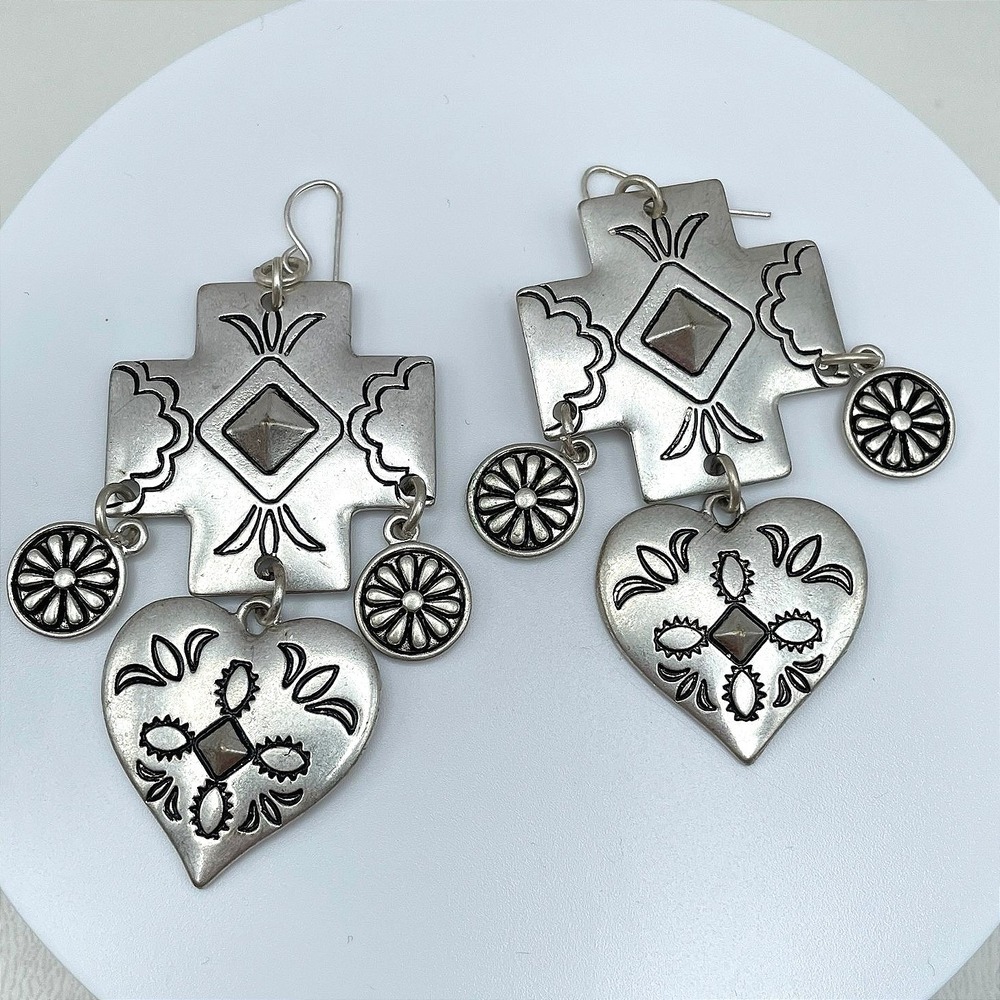 Vintage 90s Floral Cross Heart Dangle Earrings Silver Tone Women's Jewelry‎ Bib